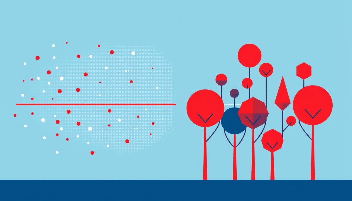 Ilustración comparativa de algoritmos de machine learning SVM y Random Forest mostrando separación de datos y árboles de decisión Comparación visual algoritmos SVM vs Random Forest en machine learning