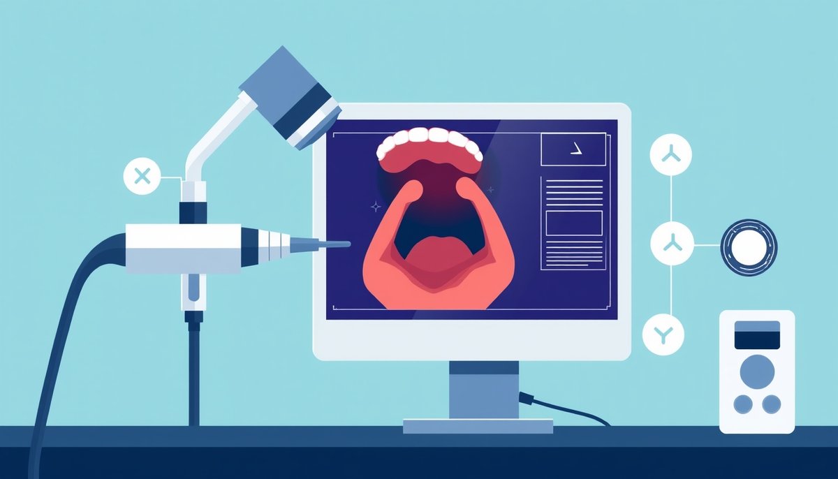 Endoscopio digital conectado a sistema de IA para análisis automático de estructuras de garganta y laringe con marcadores de detección Sistema de endoscopia digital con IA analizando estructuras laríngeas en pantalla médica