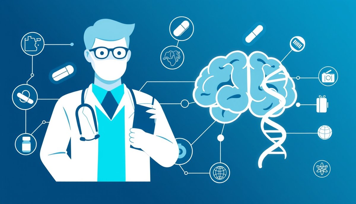 Ilustración de Watson Health en entorno médico mostrando doctor con IA procesando documentos y datos de pacientes Watson Health IA aplicada en medicina con doctor procesando datos médicos