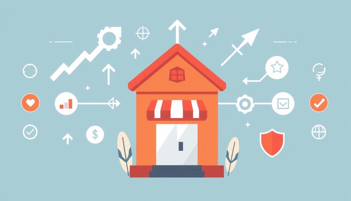 Ilustración minimalista de ventajas competitivas que ofrece la inteligencia artificial a pequeñas empresas con indicadores de eficiencia Ventaja competitiva de la IA para pequeñas empresas