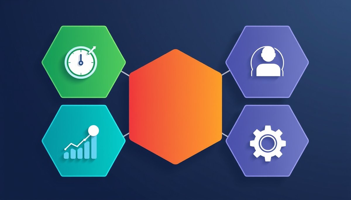 Módulos hexagonales mostrando los cuatro principales beneficios de usar inteligencia artificial en publicidad digital Cuatro beneficios clave de publicidad con IA: ahorro tiempo, escalabilidad, personalización y automatización