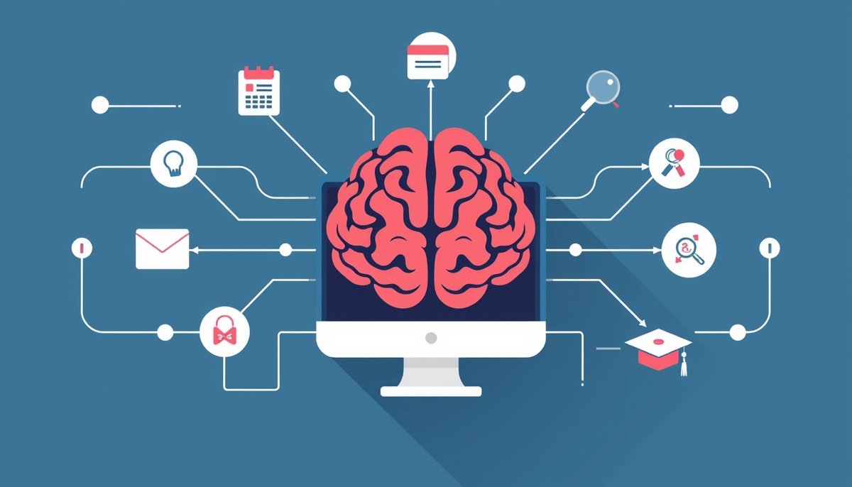 Automatización con inteligencia artificial en recursos humanos: conexiones entre reclutamiento, análisis y desarrollo Infografía de automatización de IA en RRHH mostrando tareas conectadas por red neuronal