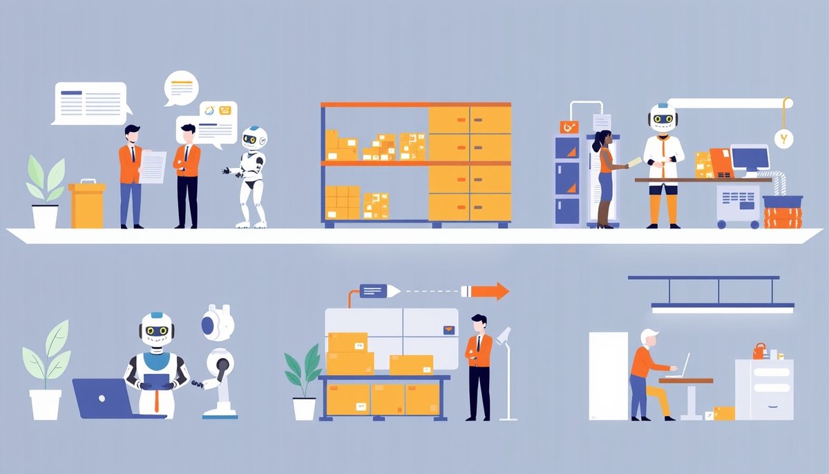 Ilustración vectorial mostrando aplicaciones de inteligencia artificial en marketing, almacén, atención al cliente y producción de pequeñas empresas Aplicaciones de IA en diferentes departamentos empresariales