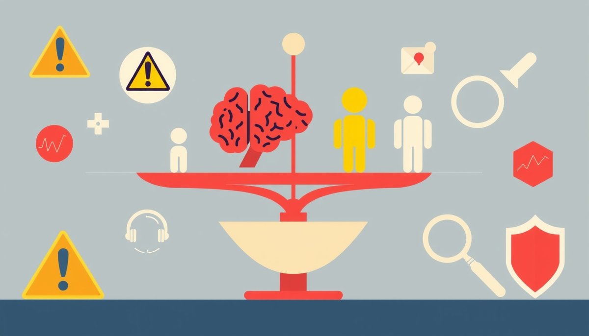 Representación visual de los principales desafíos éticos de la inteligencia artificial con balanza y símbolos de advertencia Desafíos éticos de la IA: sesgo, transparencia, privacidad y responsabilidad