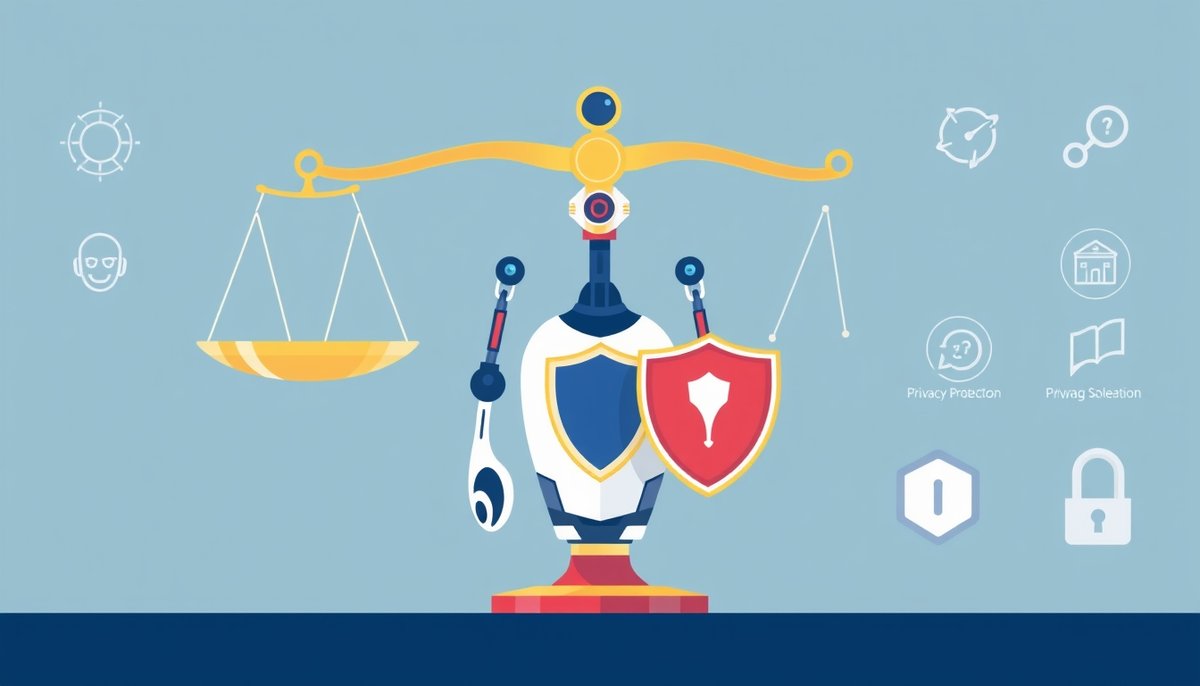 Ilustración de aspectos legales y éticos en inteligencia artificial con símbolos de GDPR, privacidad y cumplimiento regulatorio Cumplimiento legal y ético en IA empresarial