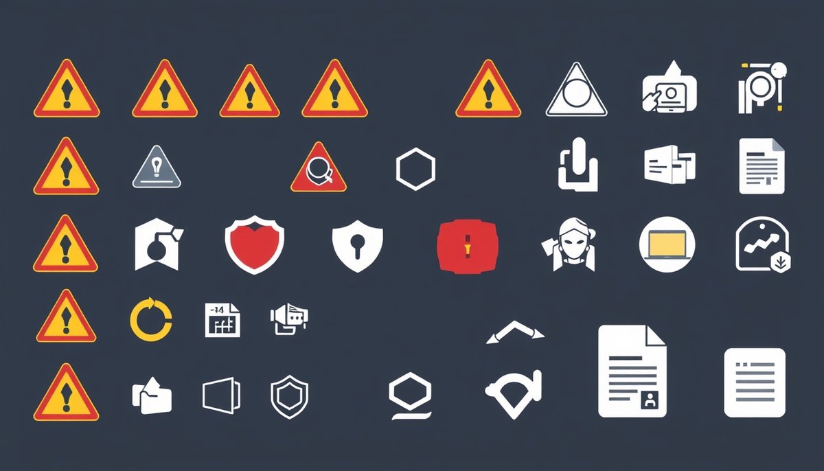 Ilustración de riesgos en implementación de IA: triángulos de advertencia, escudos de seguridad y documentos de compliance Riesgos y desafíos de IA en procurement: seguridad, compliance y calidad de datos