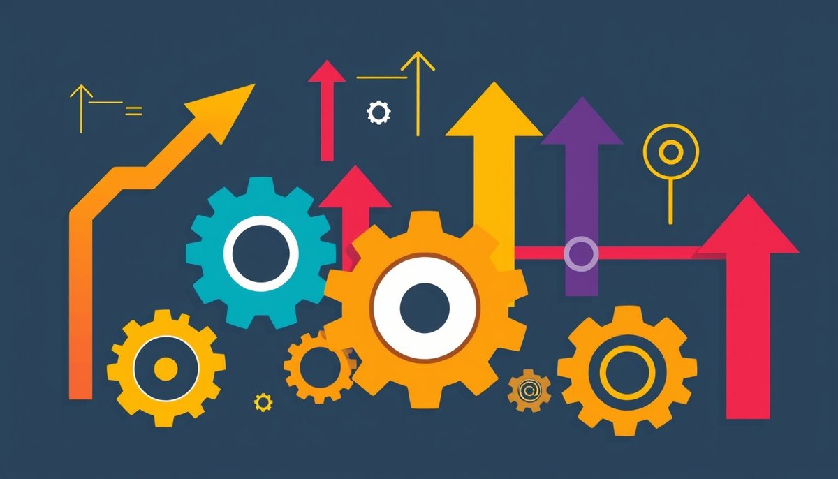 Representación visual de cómo la inteligencia artificial mejora la eficiencia empresarial a través de procesos automatizados y análisis de productividad Mejora de eficiencia empresarial mediante IA con engranajes y gráficos