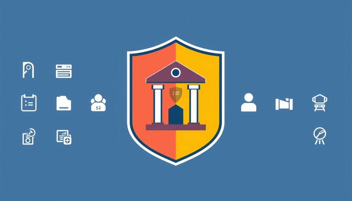 Sistema de seguridad digital protegiendo datos inmobiliarios con escudos de ciberseguridad y alertas Ciberseguridad y protección de datos en PropTech