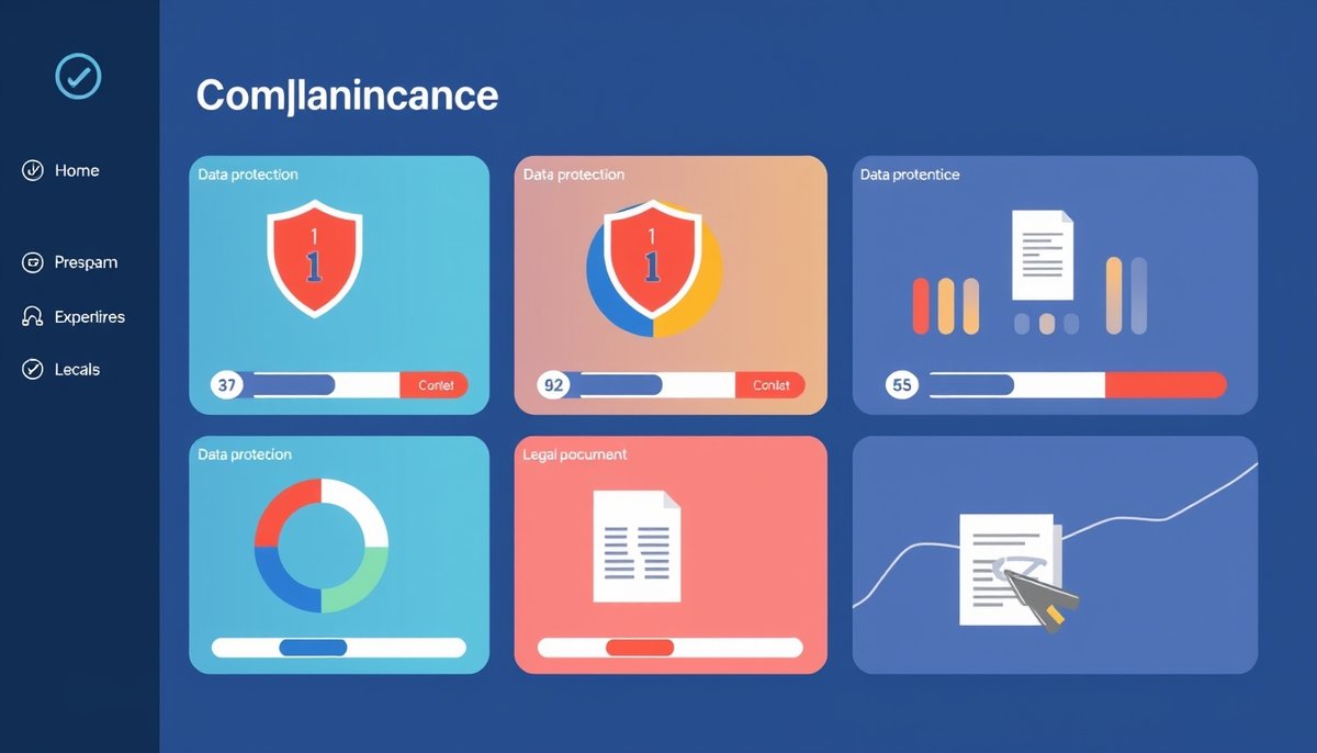 Panel de cumplimiento GDPR para marketing con IA mostrando protección de datos y elementos de transparencia legal Dashboard cumplimiento GDPR para marketing IA con protección datos y consentimiento usuarios