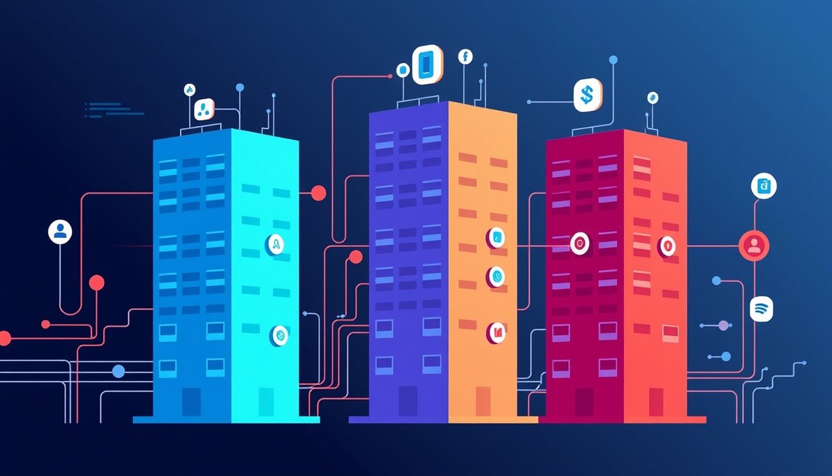 Principales plataformas de publicidad con IA representadas como torres digitales interconectadas con flujos de datos Tres plataformas de publicidad IA: Google Ads, Meta Ads y Adobe Advertising Cloud interconectadas