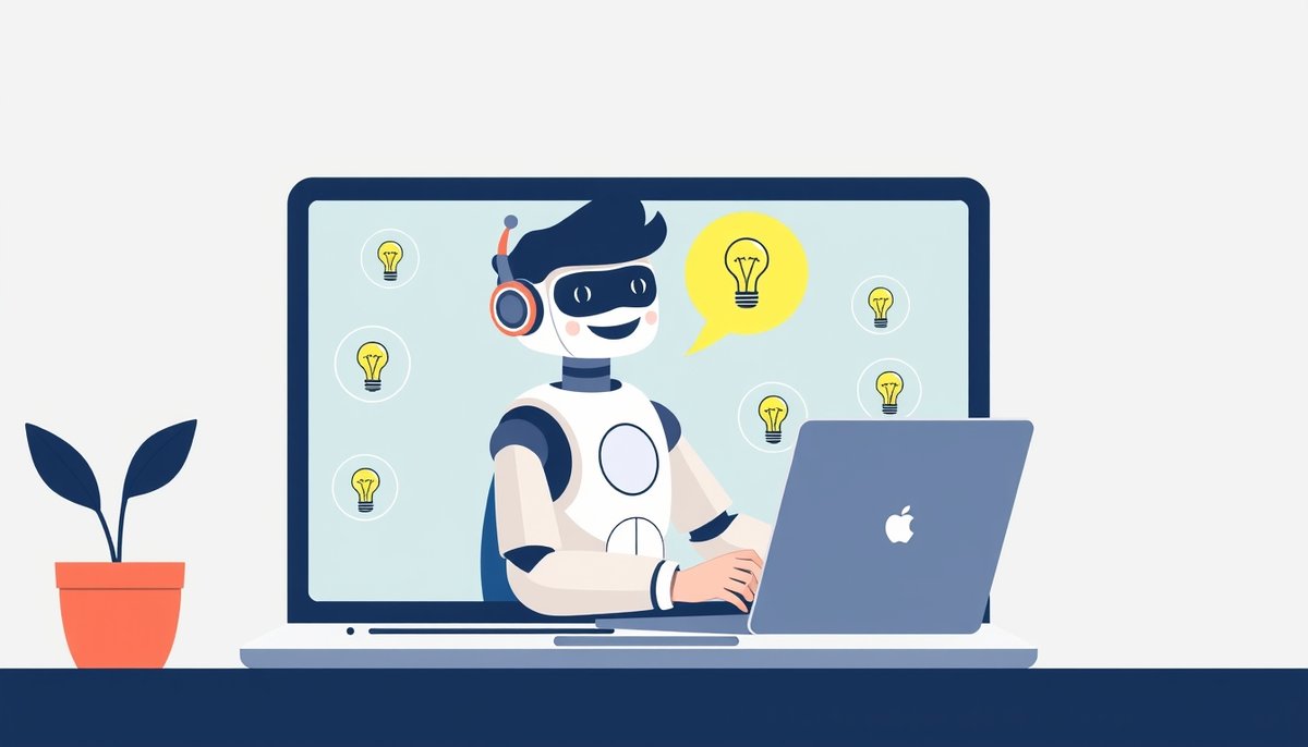 Interacción entre estudiante y asistente de inteligencia artificial para resolver dudas académicas y apoyo en tareas escolares Estudiante conversando con asistente IA representado como robot amigable en pantalla laptop