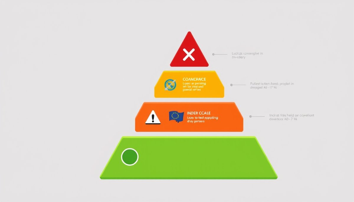Diagrama piramidal del AI Act mostrando las cuatro categorías de riesgo desde prohibido hasta mínimo con colores de semáforo Categorías de riesgo del AI Act europeo en pirámide de cuatro niveles
