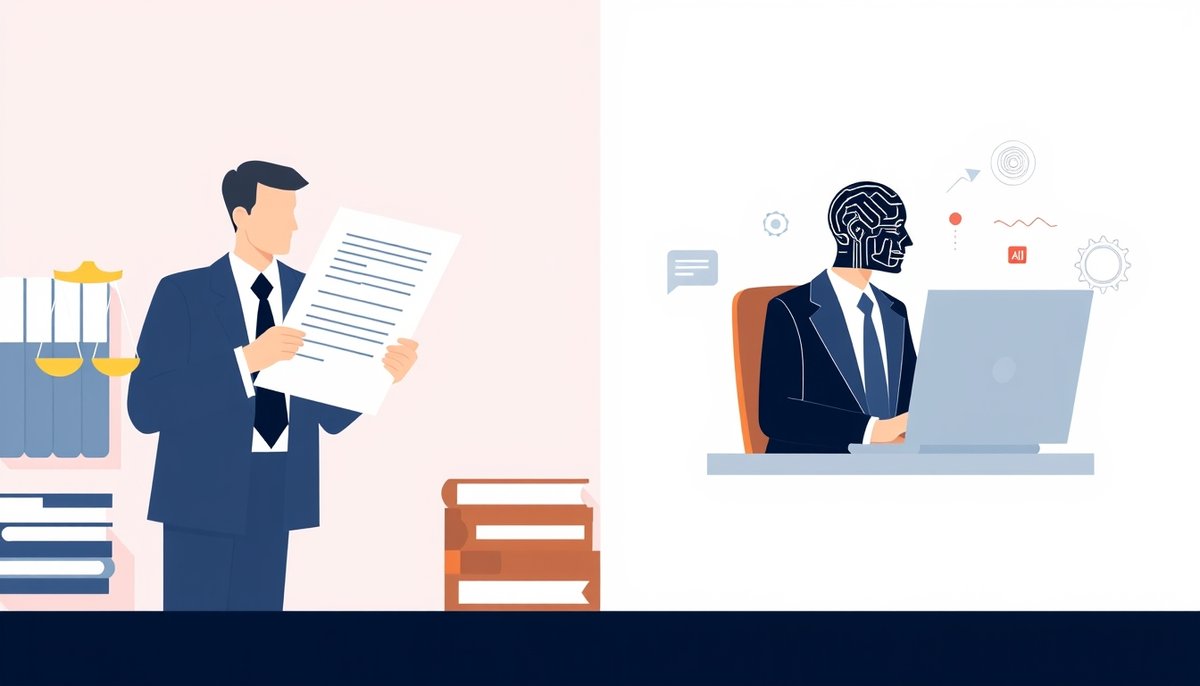 Ilustración comparativa mostrando la transformación del trabajo jurídico tradicional con papeles versus la eficiencia del trabajo legal asistido por IA Comparación trabajo legal tradicional vs asistido por IA: eficiencia y organización digital