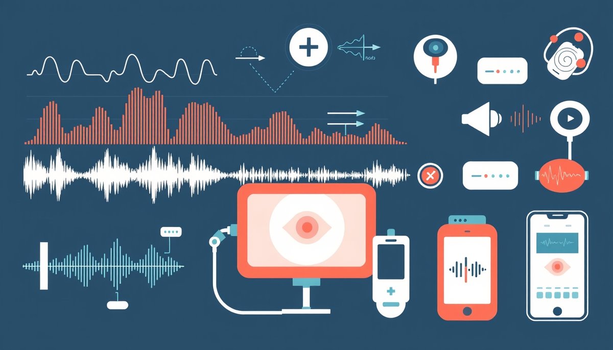 Sistemas de IA para análisis de voz y audición mostrando formas de onda, reconocimiento de patrones y detección temprana de enfermedades Herramientas de análisis de voz y audición con IA: ondas sonoras y reconocimiento de patrones
