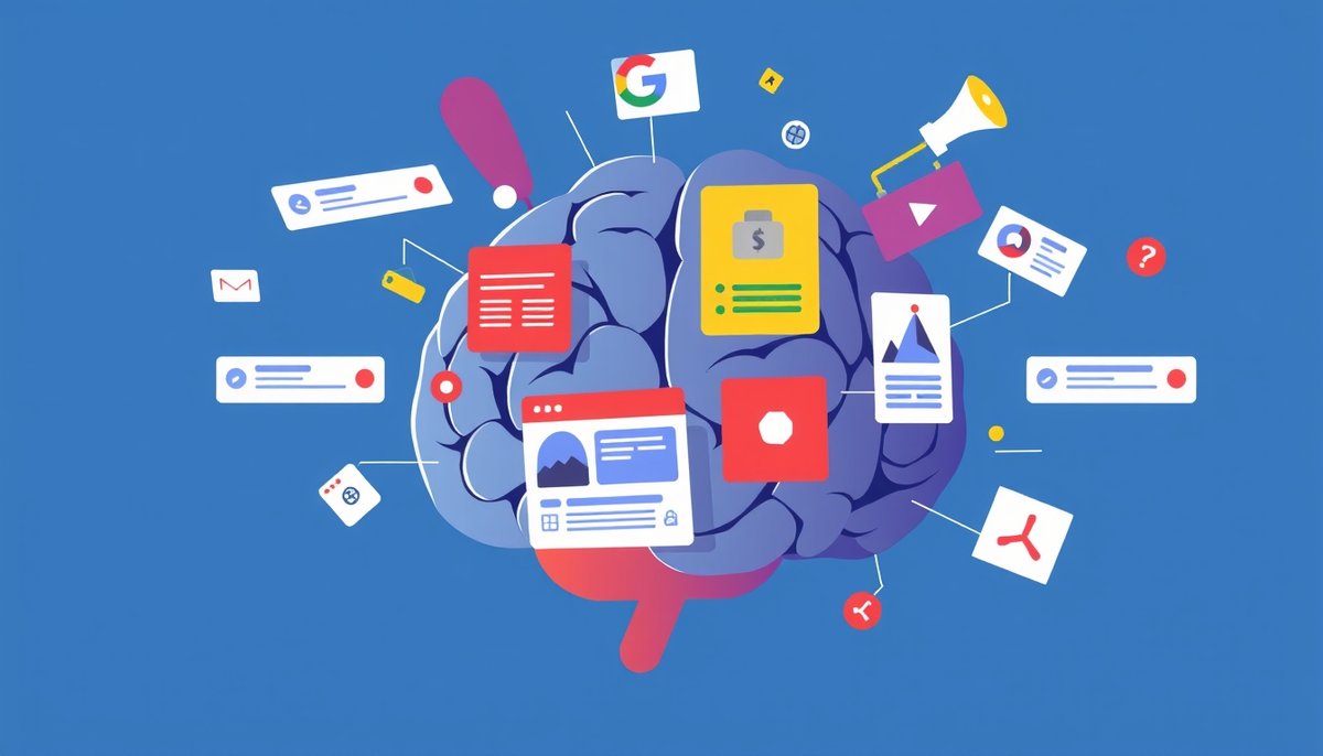Concepto de automatización de Google Ads mostrando algoritmo Smart Bidding y campañas Performance Max con elementos multimedia Automatización Google Ads con Smart Bidding y elementos de Performance Max flotando