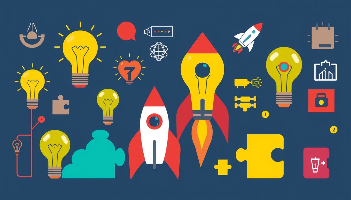 Ilustración de la innovación y nuevos modelos de negocio generados por la inteligencia artificial en el entorno empresarial alemán Innovación empresarial impulsada por IA con cohetes y bombillas