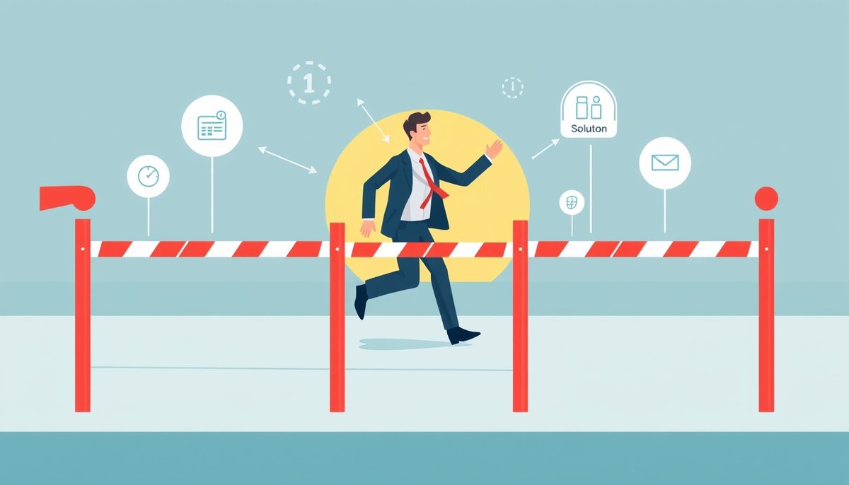 Ilustración de obstáculos en proyectos de inteligencia artificial: calidad de datos, presupuesto, capacitación y privacidad Desafíos comunes en implementación de IA empresarial