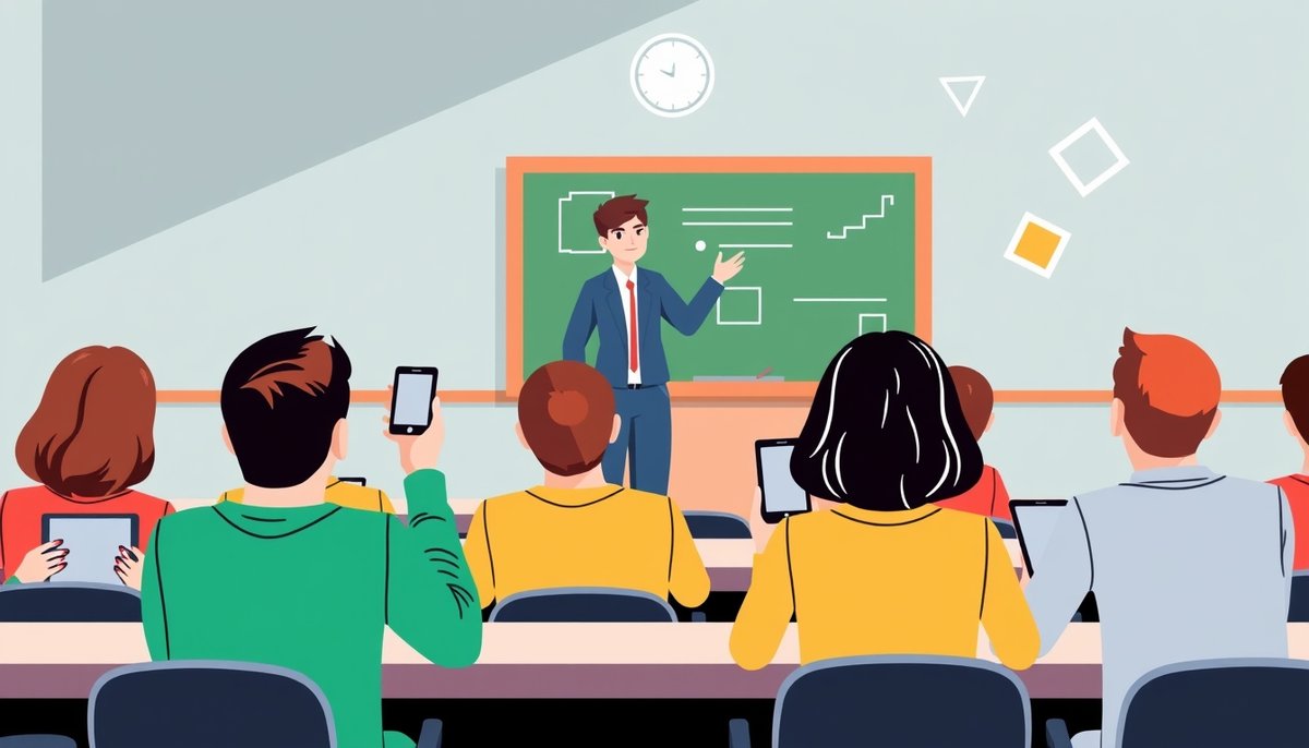 Integración de tecnología IA en educación matemática con estudiantes usando dispositivos digitales Aula moderna con estudiantes usando tablets para aprender matemáticas con herramientas IA