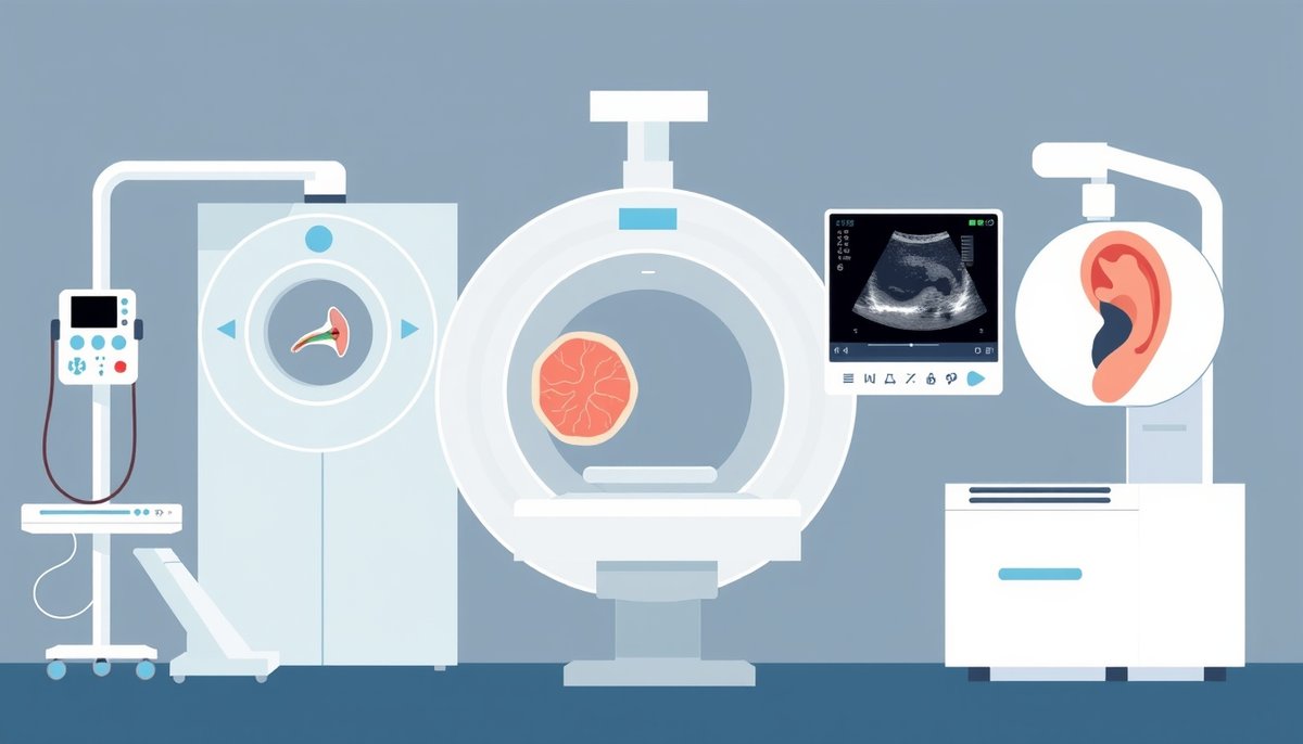 Tecnologías de diagnóstico digital en otorrinolaringología mostrando integración de CT, MRI y ultrasonido con análisis de datos Herramientas de diagnóstico digital ENT: escáner CT, resonancia magnética y ecógrafo con flujos de datos
