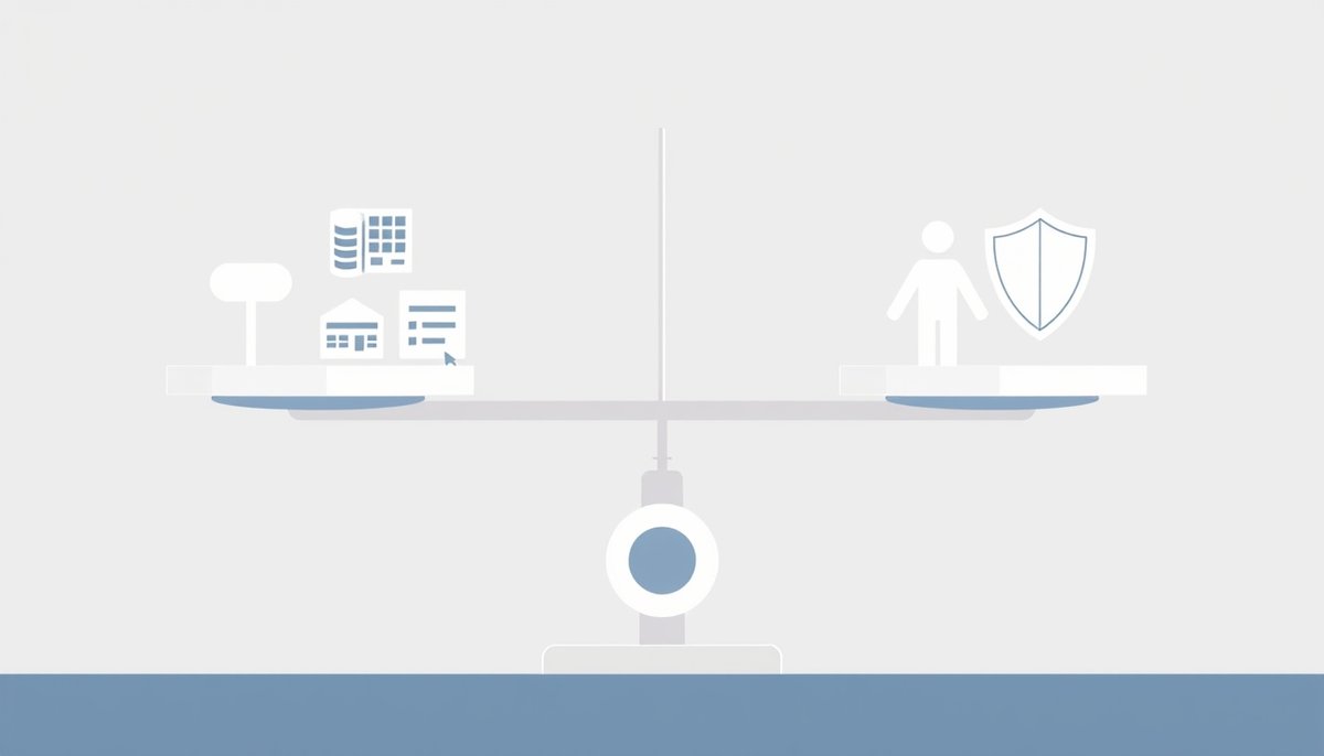 Balance von KI-Chancen und Herausforderungen: Datenqualität, DSGVO-Compliance und Mitarbeiterqualifikation KI-Herausforderungen Waage: Vorteile vs. Datenschutz und Qualifikationsanforderungen