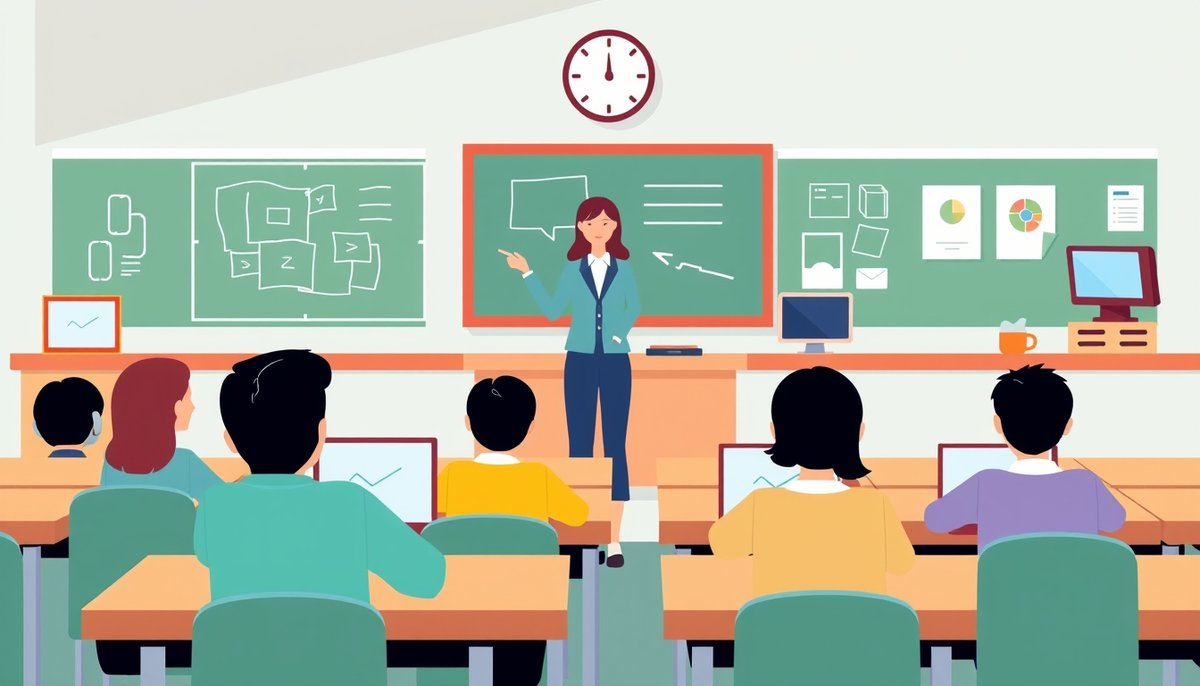 Aula escolar con integración de IA en educación, profesor y estudiantes usando herramientas digitales