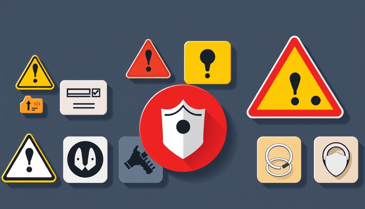 Ilustración de los principales riesgos y peligros del uso de inteligencia artificial en el ámbito educativo con símbolos de precaución Señales de advertencia sobre riesgos del uso de herramientas IA en el aprendizaje educativo