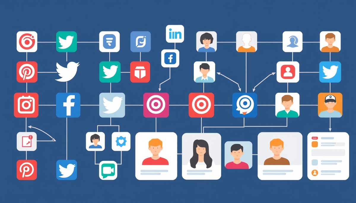 Ecosistema de publicidad Meta con targeting impulsado por IA conectando Facebook e Instagram con audiencias diversas Ecosistema Meta Ads con Facebook e Instagram conectados por targeting de IA y avatares diversos